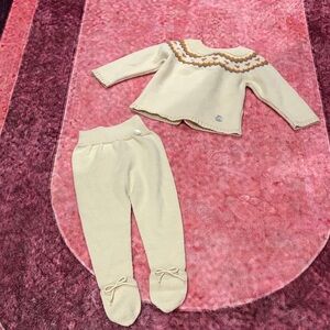 Cream Knit Baby Outfit with Patterned Collar